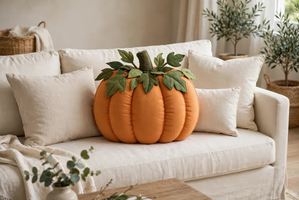 Pumpkin pillow with green leaf applique shapes on a cream sofa with plain cushions.