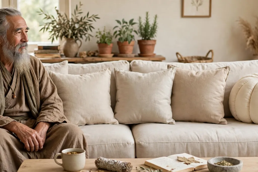 Sage and cream pumpkin pillows at opposite ends of a sofa with plain cushions between them.