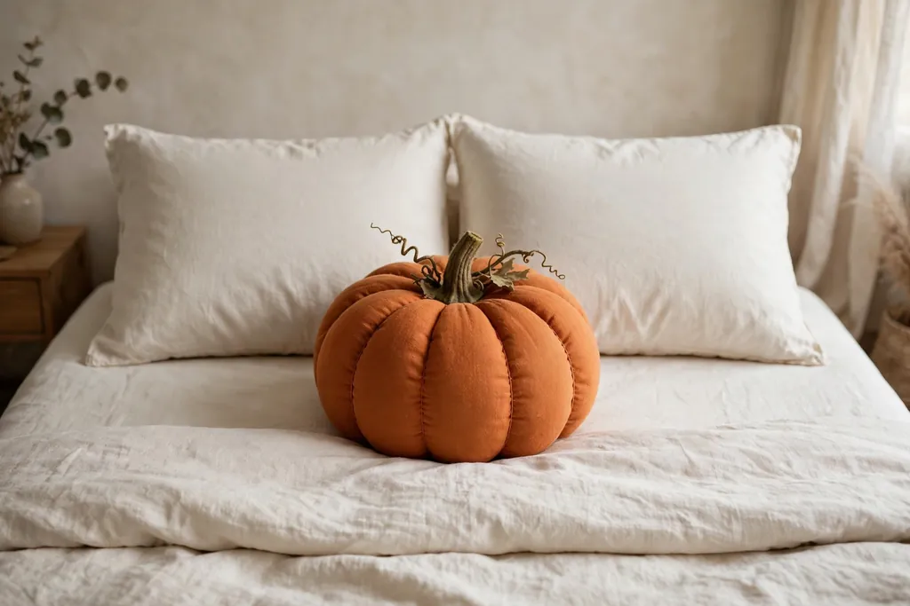 Pumpkin pillow placed in front of sleeping pillows on a bed with plain bedding.