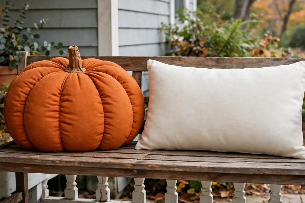 Burnt orange pumpkin pillow on a porch bench beside a plain cream cushion.