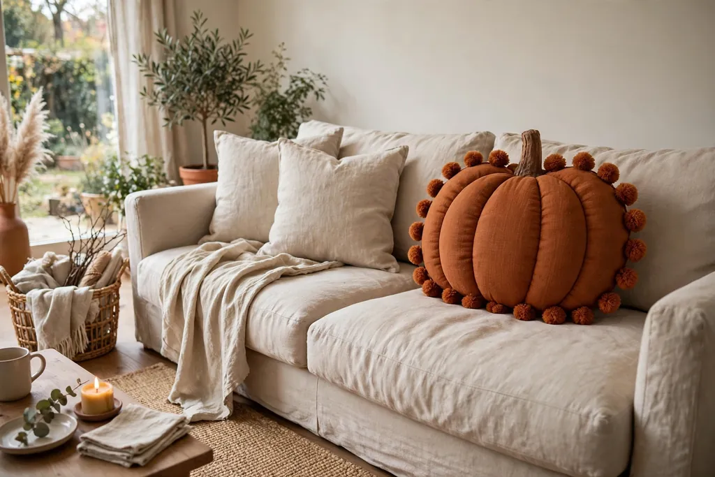 Rust pumpkin pillow with pom pom trim on a relaxed sofa beside plain linen cushions.