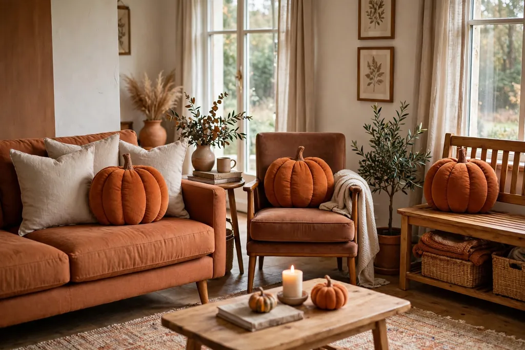 Living room with pumpkin pillows in rust tones on a sofa, an armchair, and a bench.