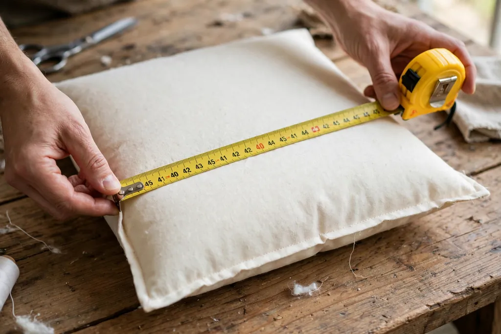 Hands measuring a square pillow insert with a tape measure on a table.