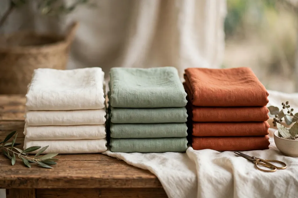 Folded cotton and linen fabric in cream, sage, and rust stacked on a table.