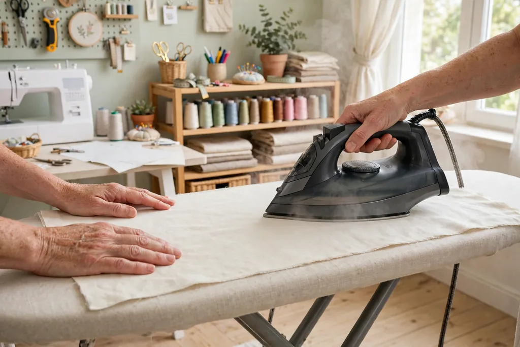 Hands ironing washed cotton fabric flat on an ironing board.