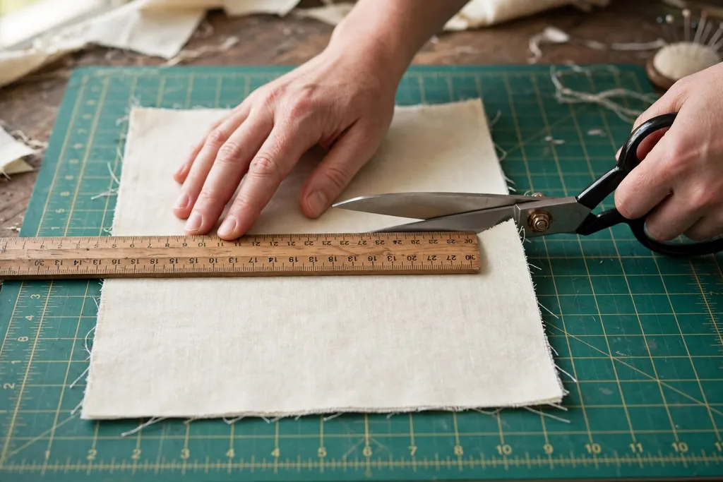 Hands cutting a square fabric panel with scissors and a ruler on a cutting mat.