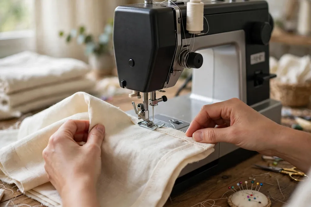 Sewing machine hemming the edge of a fabric panel.