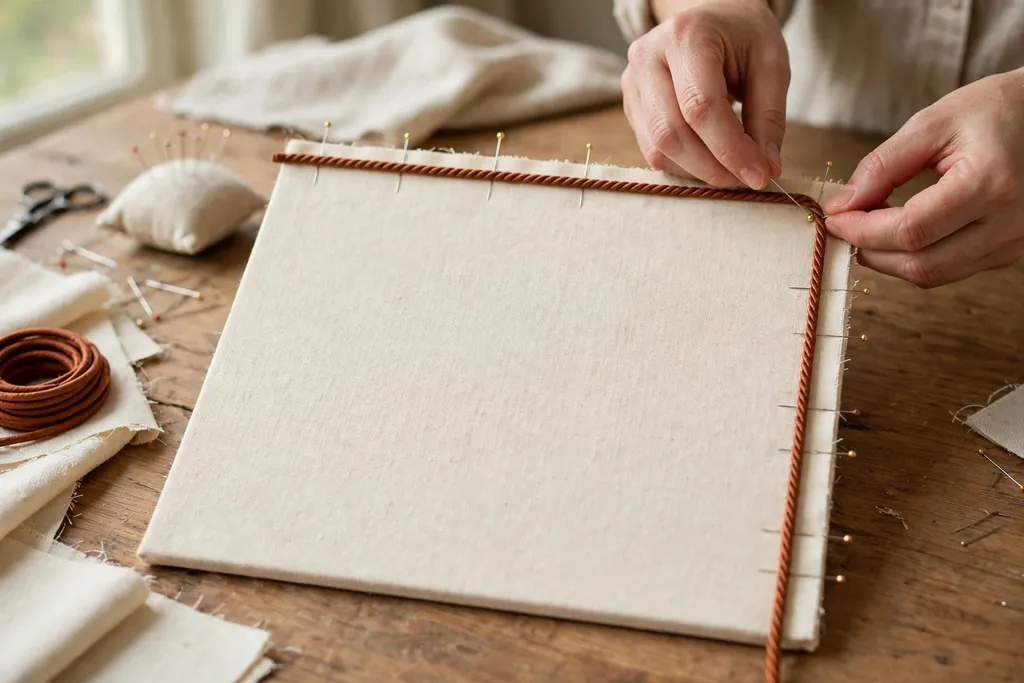 Hands pinning piping cord along the edge of a square fabric panel.