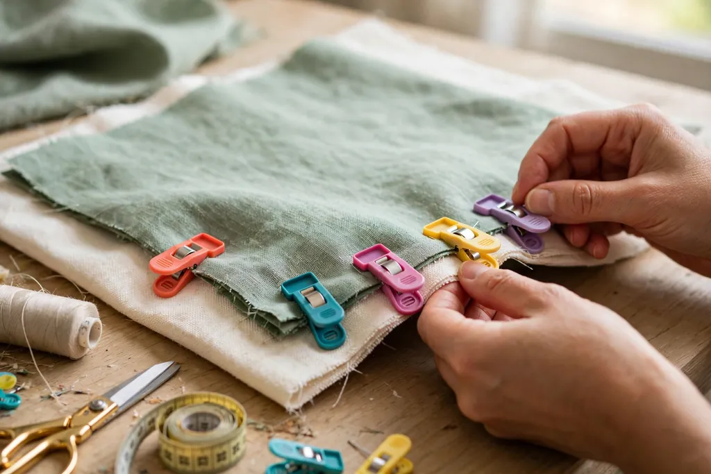 Hands pinning fabric panels right sides together with sewing clips.