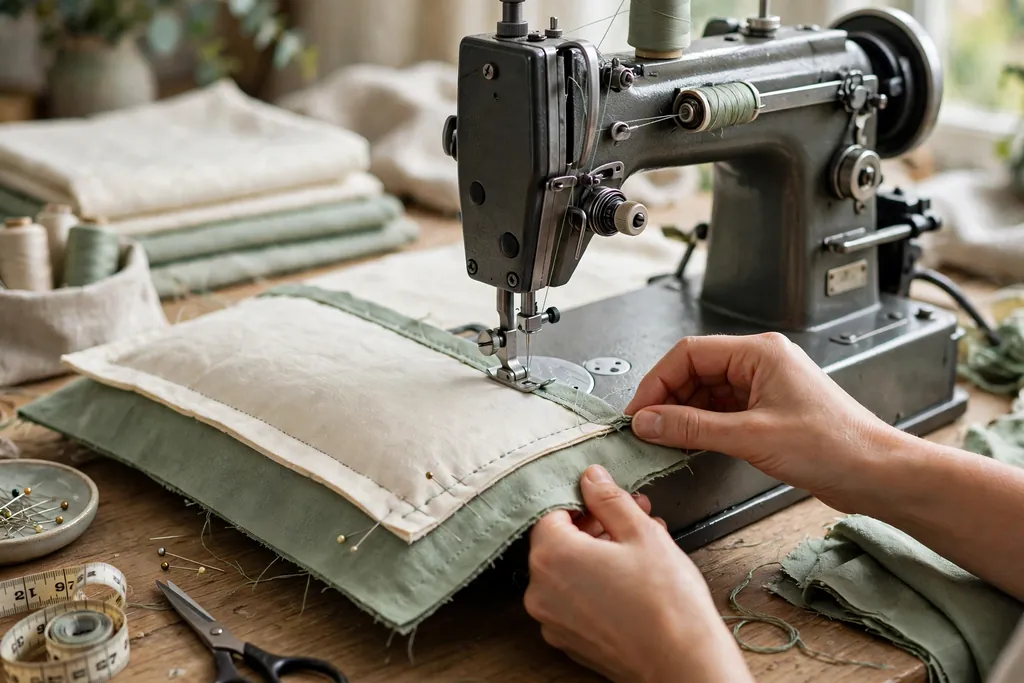 Sewing machine stitching around the edge of layered pillow cover panels.