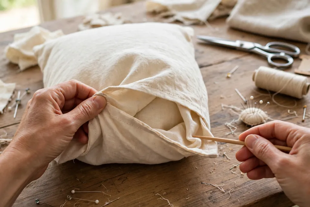 Hands turning a sewn pillow cover right side out and pushing out a corner.