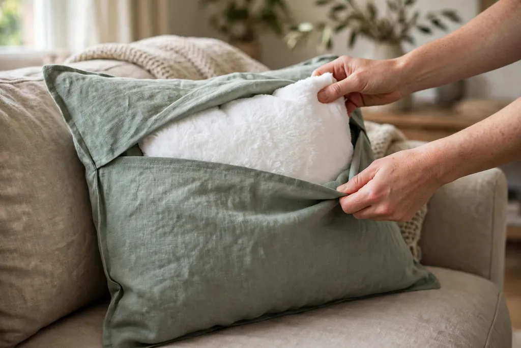 Hands slipping a pillow insert into the envelope opening of a finished cover.