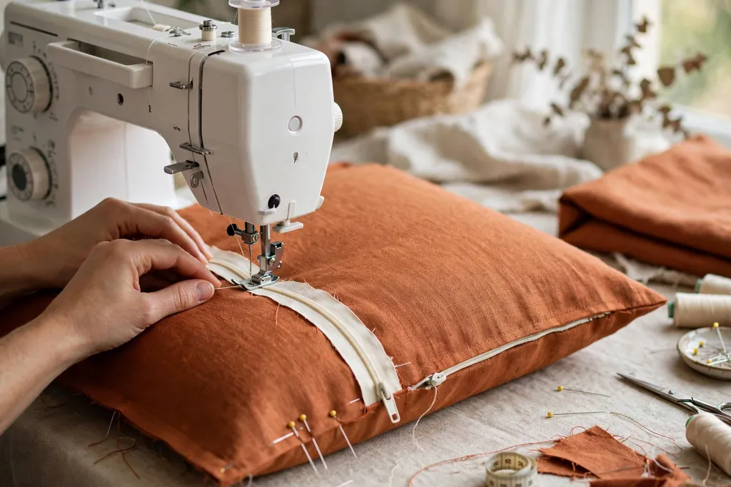 Hands sewing a zipper into a pillow cover back panel with a sewing machine.