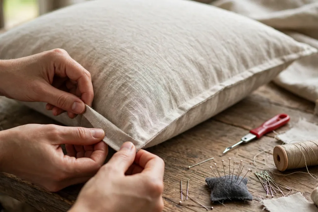 Hands adjusting a pillow cover corner with a seam ripper and pins nearby.