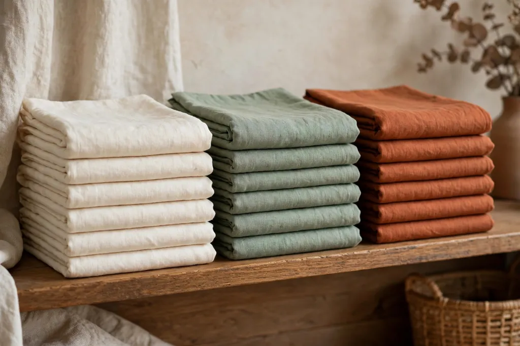 Folded clean pillow covers stacked neatly on a shelf.