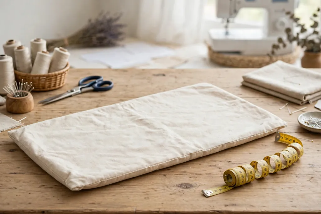 Lumbar pillow form lying flat on a table with a measuring tape beside it.