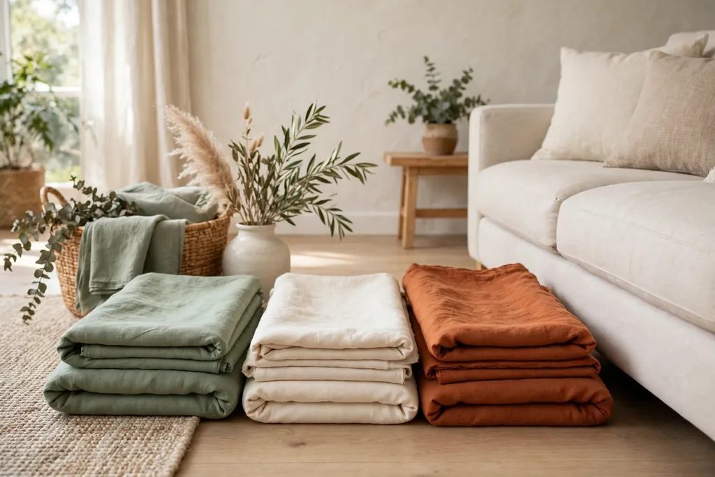 Folded cotton and linen fabrics in sage, cream, and rust laid out beside a sofa.