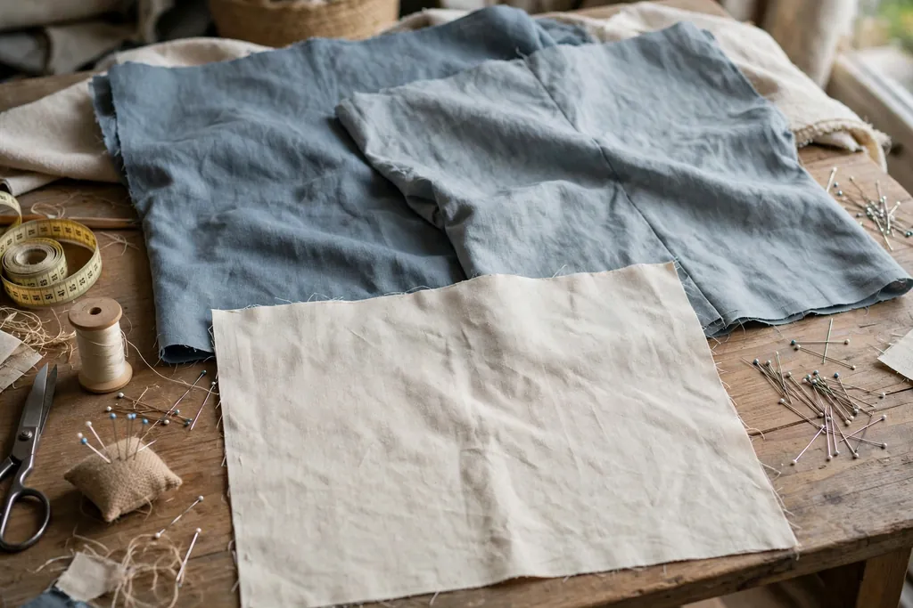 Two overlapping fabric back panels and a front panel arranged on a table with pins nearby.