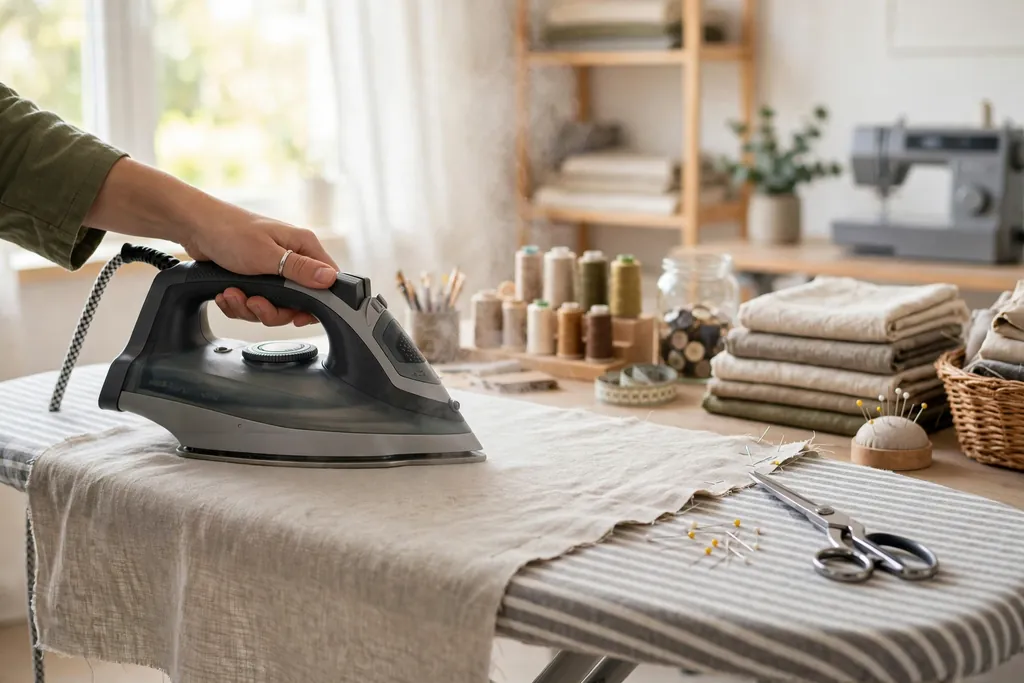Fabric being pressed flat with an iron on an ironing board before cutting.