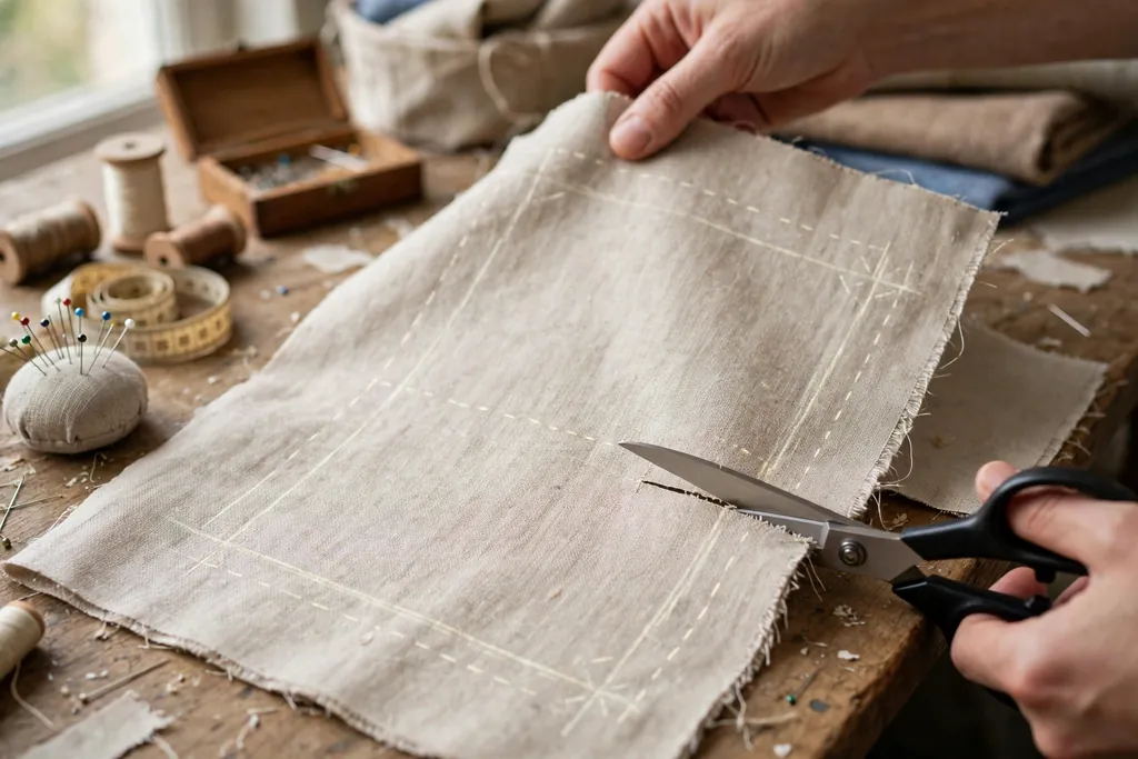 Marked rectangular front fabric panel being cut with scissors on a table.
