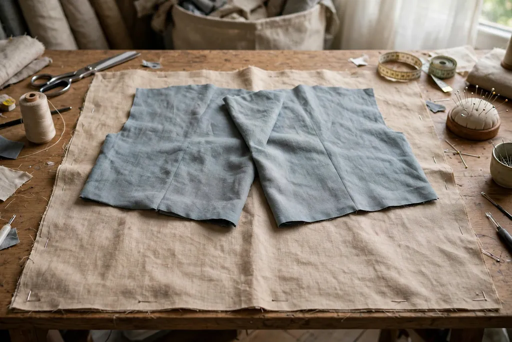 Two shorter fabric back panels laid over a front panel showing an overlap in the middle.