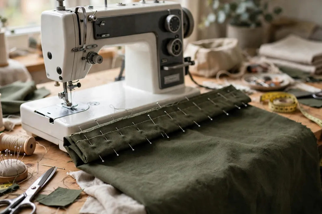 Folded and pinned hem along the edge of a fabric back panel near a sewing machine.