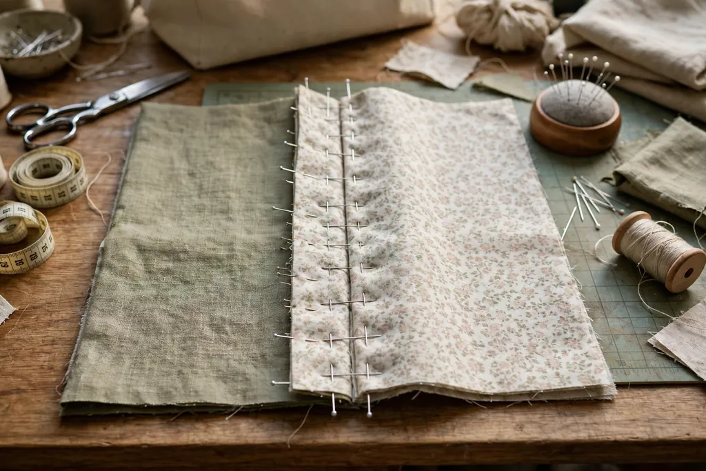 Fabric panels pinned together with right sides facing on a sewing table.