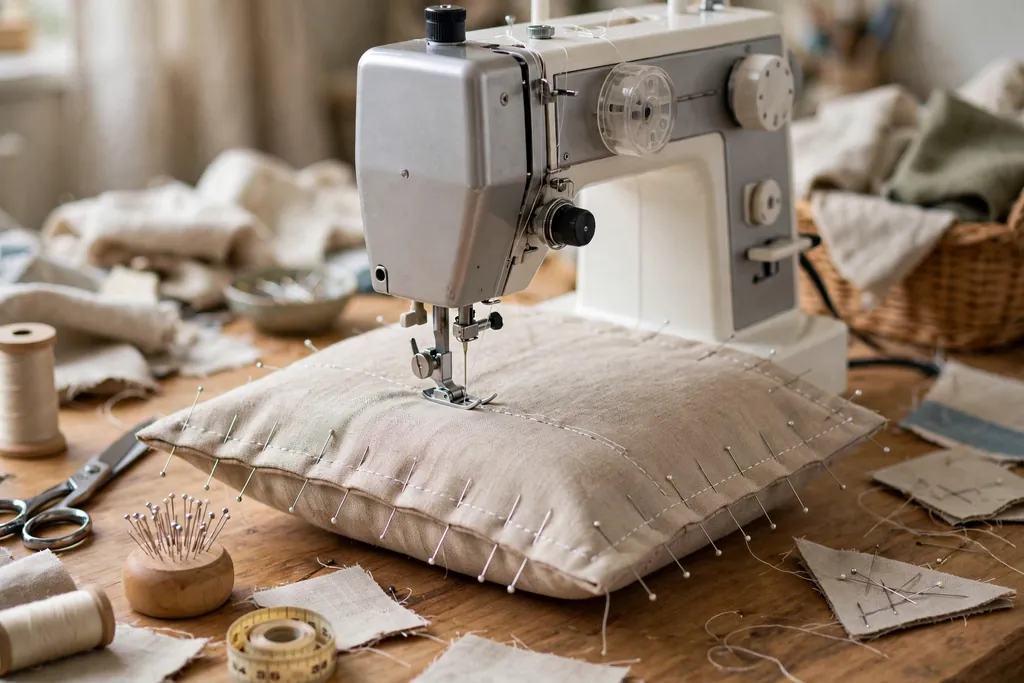 Sewing machine stitching around the edge of a pinned pillow cover.