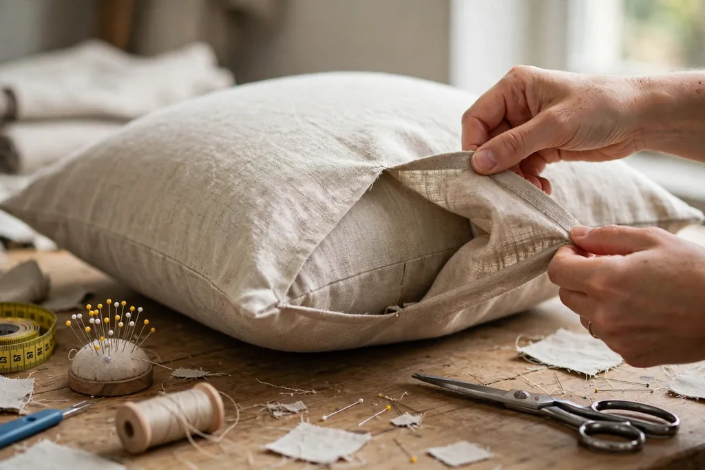 Hands turning a sewn pillow cover right side out through its back opening.
