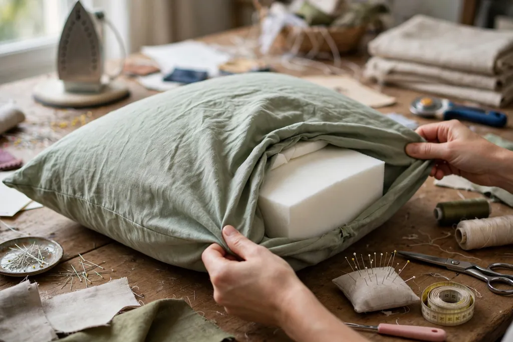 Pressed pillow cover being fitted over a lumbar pillow form on a table.