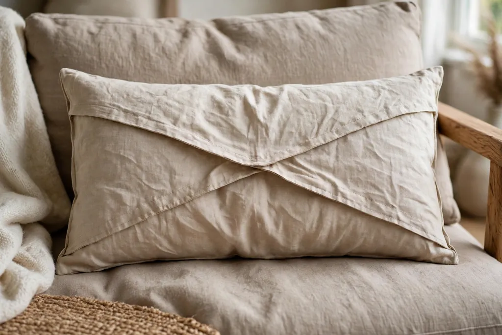 Back of a finished lumbar pillow showing overlapping envelope panels lying flat.