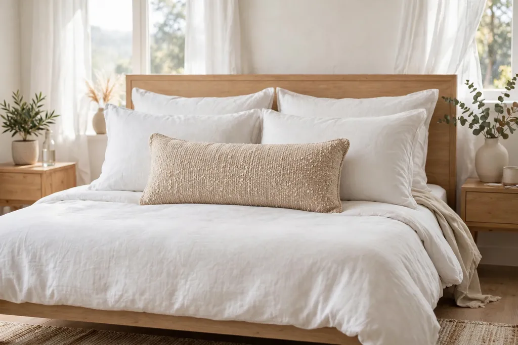 Finished lumbar pillow styled across the front of bed pillows on a neatly made bed.