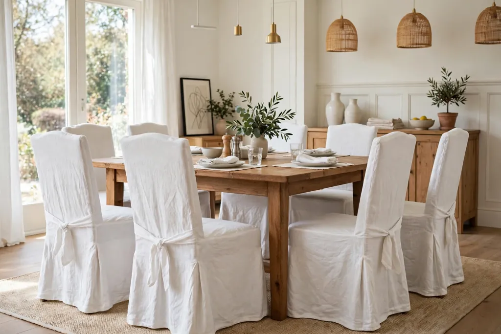 Dining chairs in white linen slipcovers around a wood dining table.