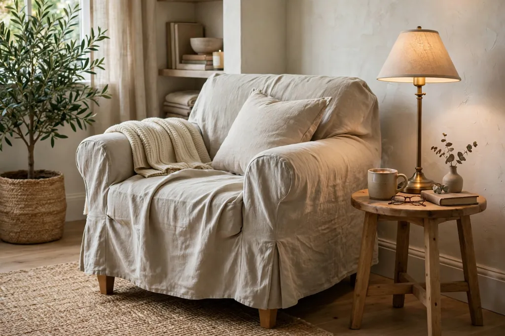 Living room armchair in relaxed washed oatmeal linen beside a reading lamp.