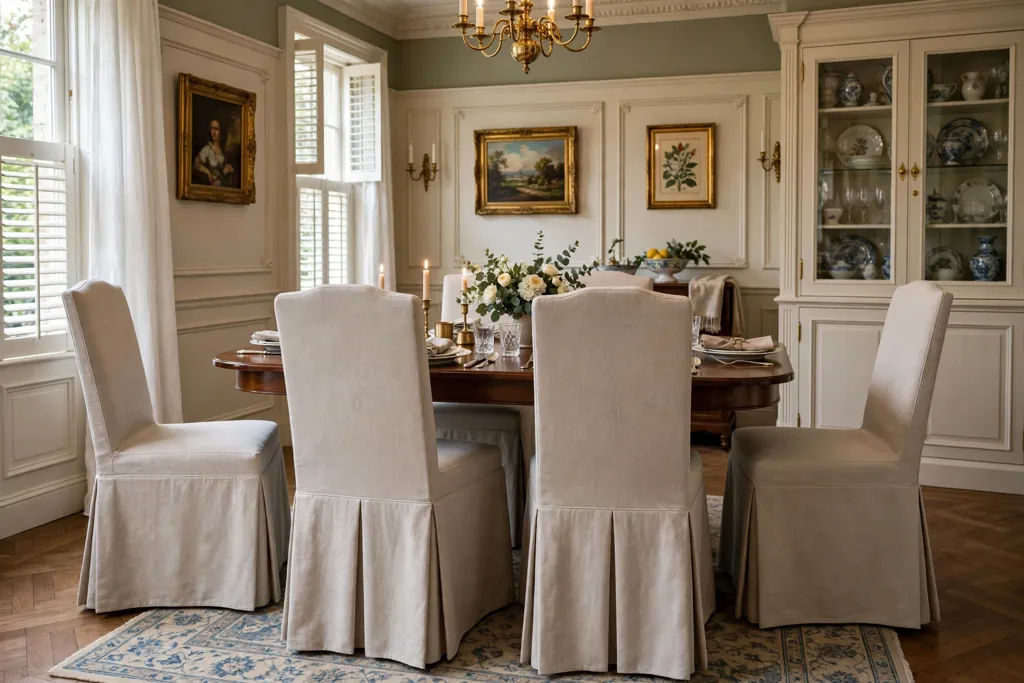 Dining chairs in tailored skirted covers in a formal dining room.