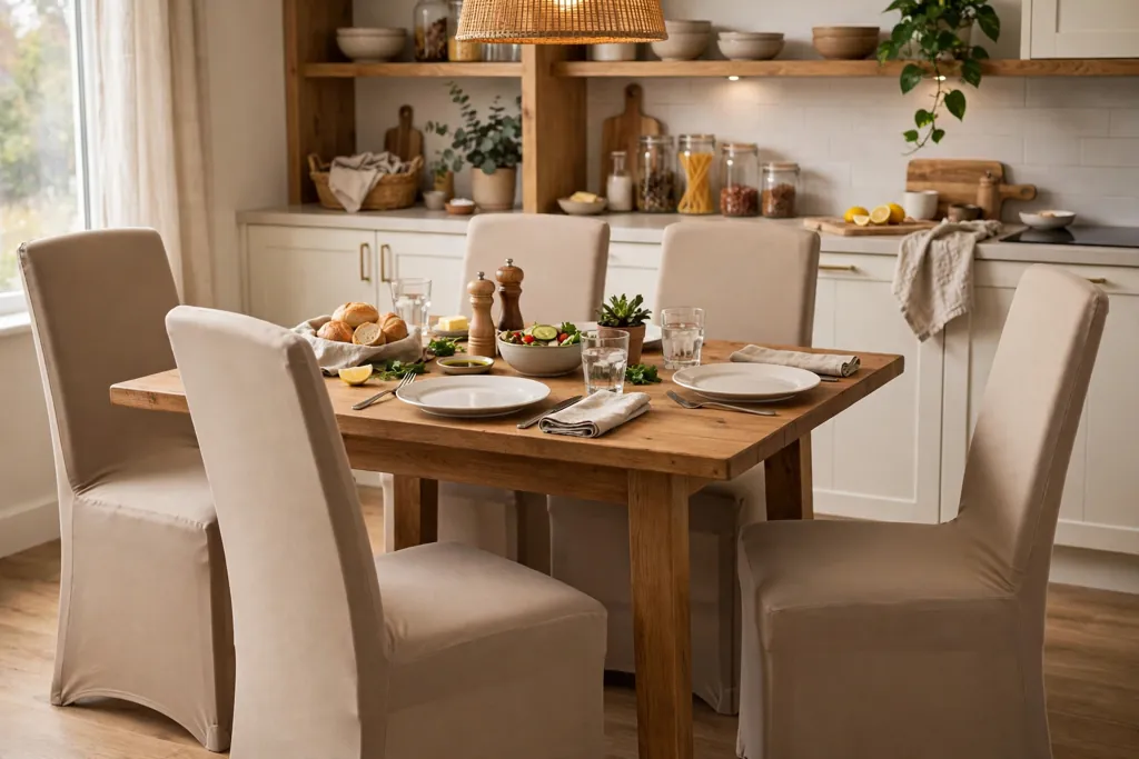 Everyday dining chairs in snug stretch covers around a kitchen table.