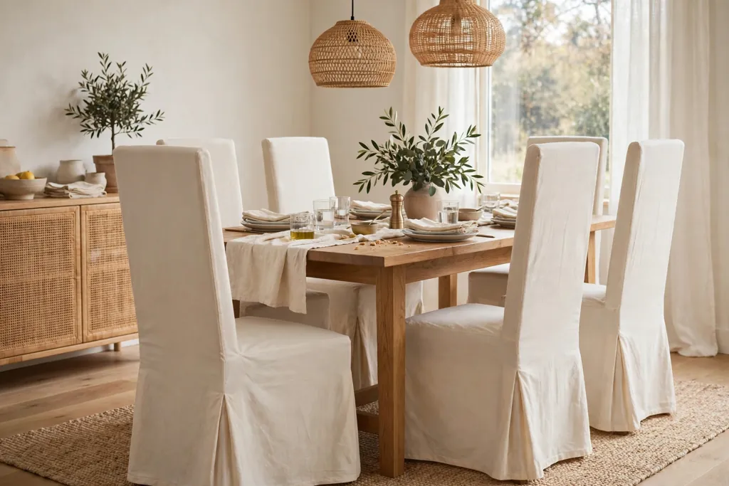 Tall Parsons chairs in plain cream cotton covers at a dining table.