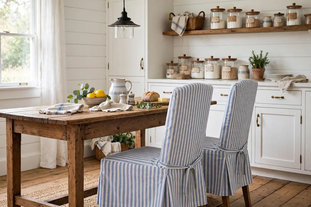 Kitchen chairs in ticking stripe covers beside a wood table.