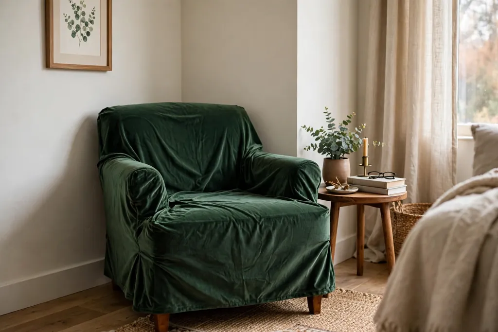 Accent chair in a deep green velvet slipcover in a living room corner.
