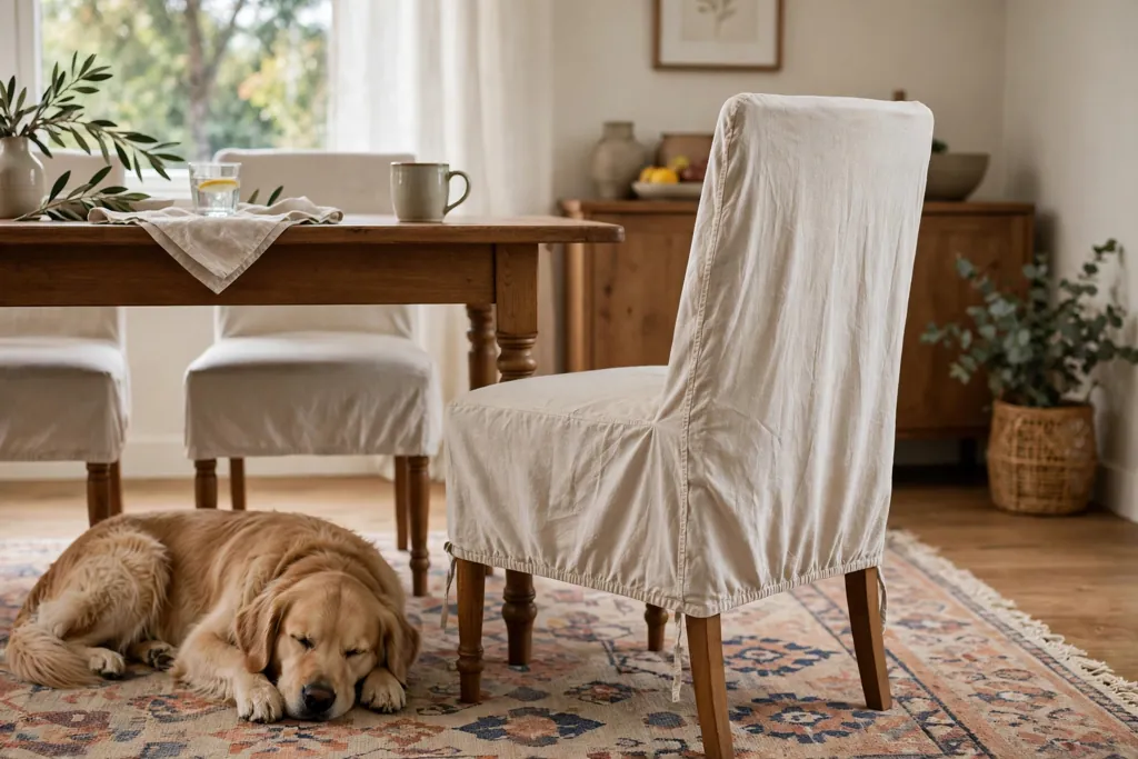 Washable chair cover on a dining chair with a dog resting nearby on a rug.
