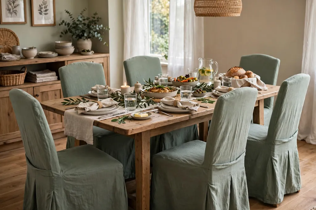Family dining chairs in easy care sage covers around a table.