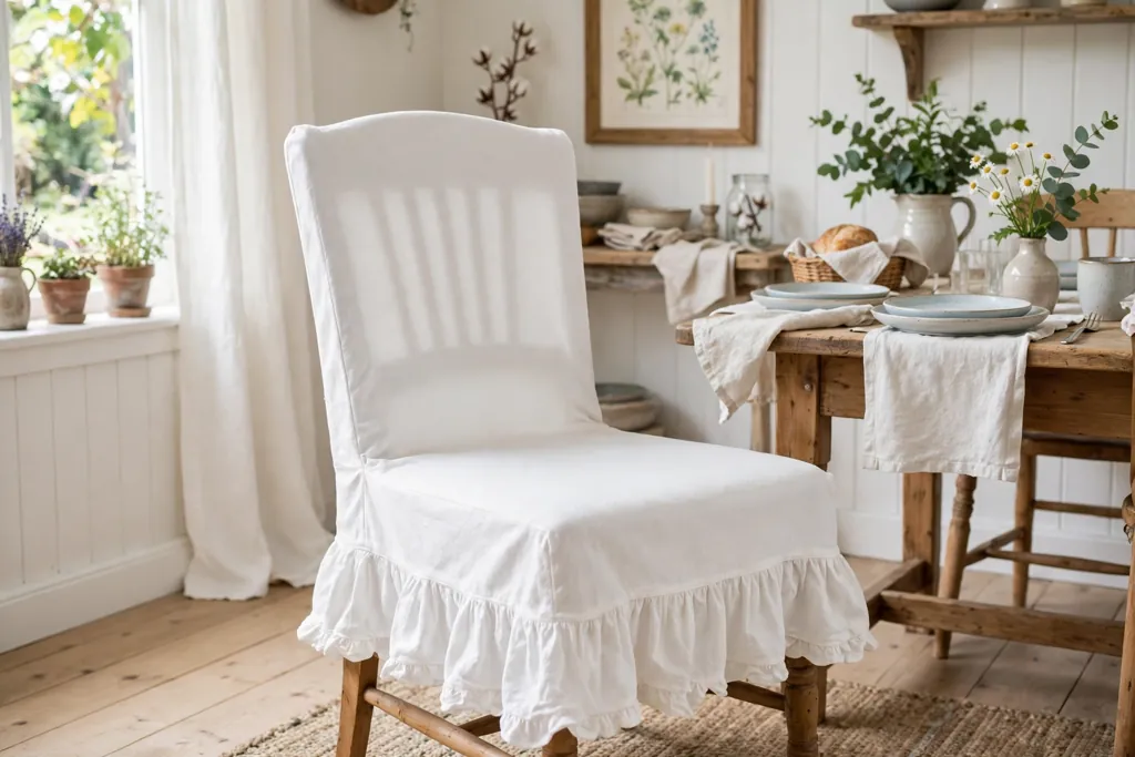 Cottage dining chair in a white cover with a soft ruffle hem.