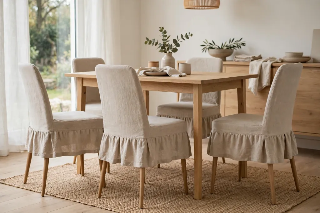 Modern dining chairs in short skirt covers showing slim wood legs.