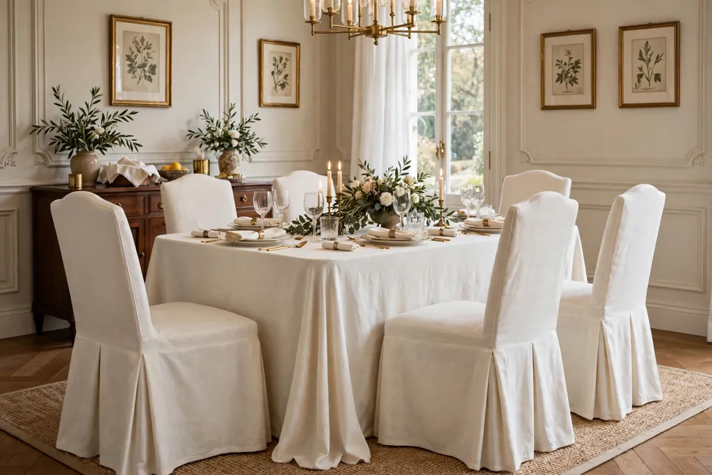 Formal dining chairs in floor length ivory covers around a set table.