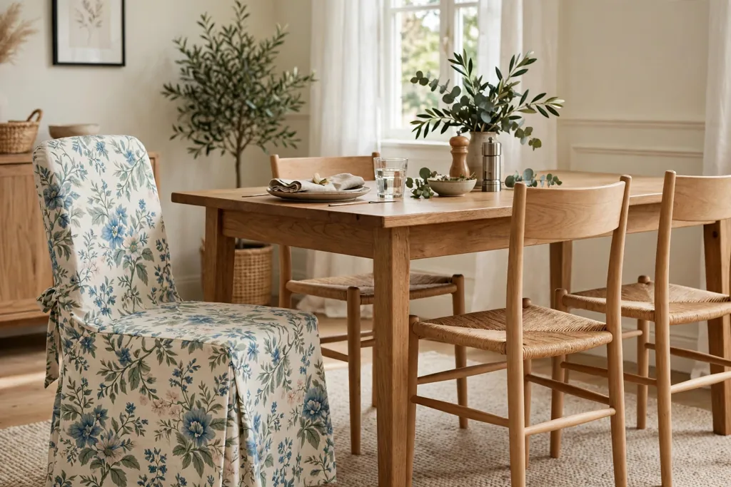 Dining chair in a floral patterned slipcover beside plain chairs.