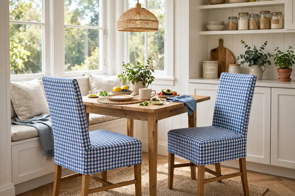 Casual dining chairs in blue gingham check covers in a bright kitchen nook.