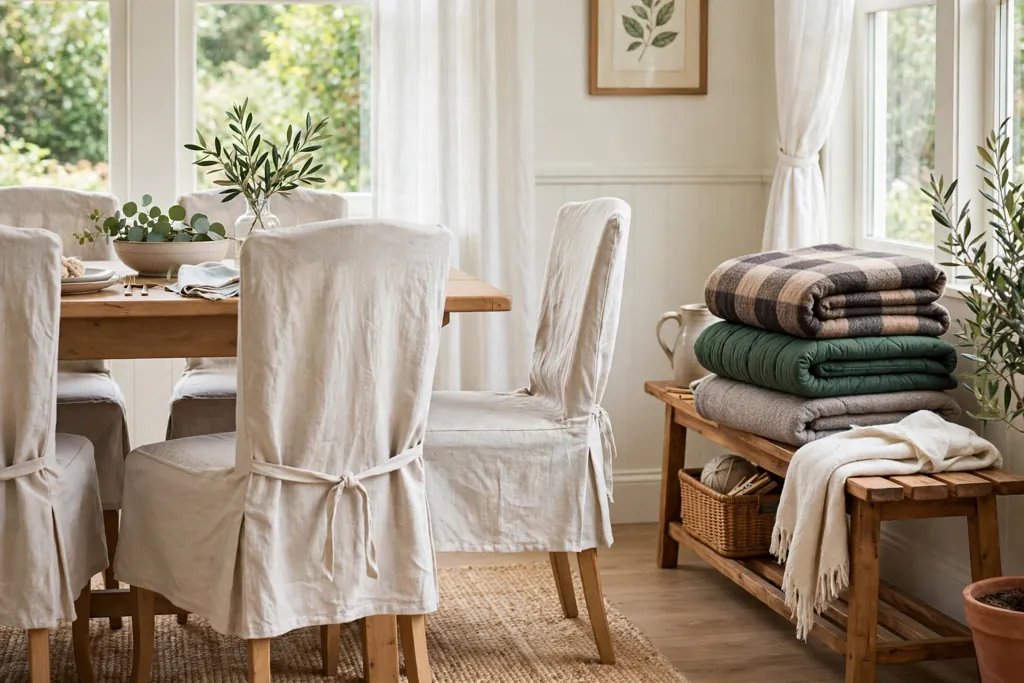 Dining chairs with light summer covers and warmer winter covers ready to swap.