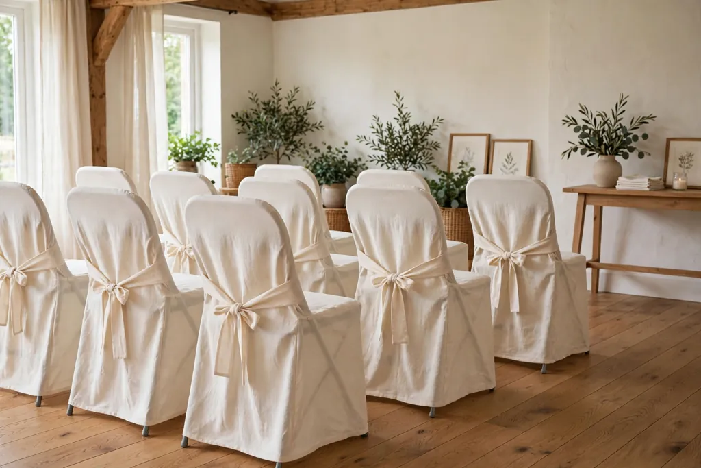 Folding chairs in plain cream covers with ties at the back.
