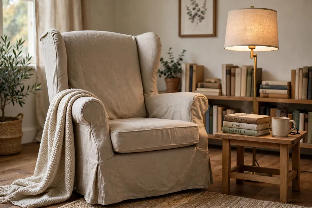 Wingback armchair in a plain linen slipcover in a living room reading corner.