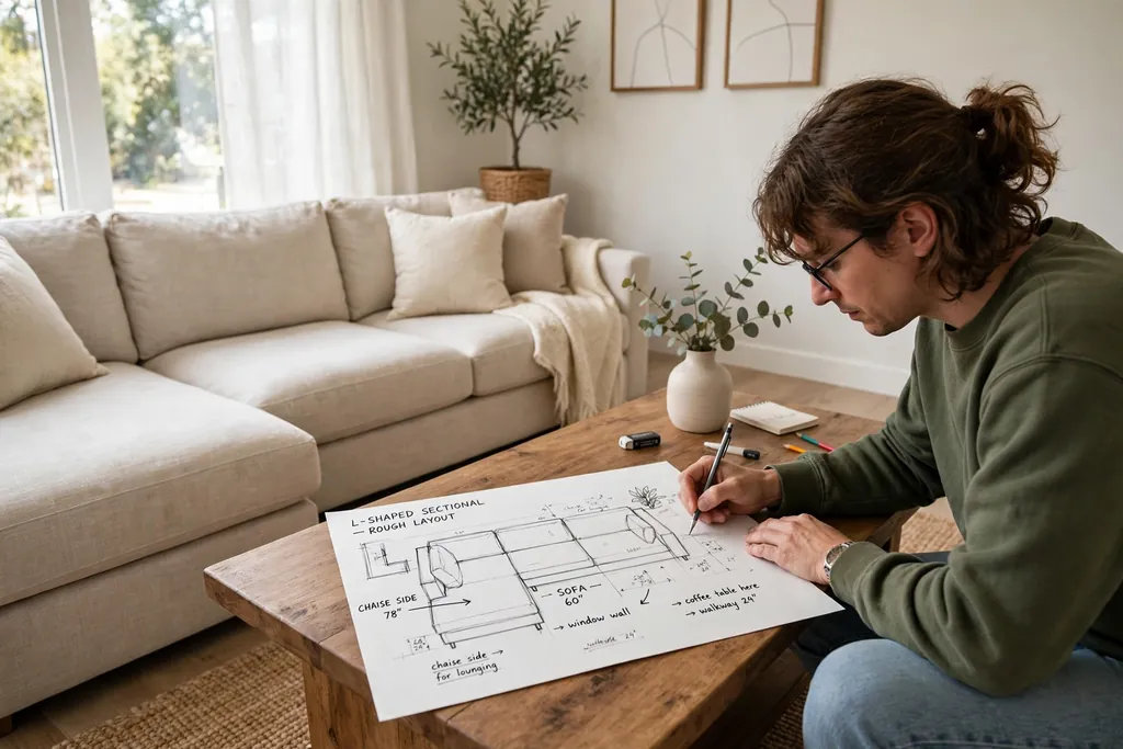 Sketch of an L shaped sectional layout showing the chaise side.